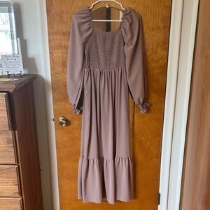 SHEIN Dusty Mauve Long Sleeve Smocked Maxi Dress